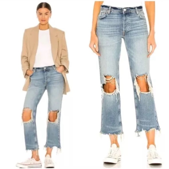 Free People Jeans Blue Maggie Distressed Raw Hem Mid Rise Straight Leg Size 29 - Picture 5 of 13